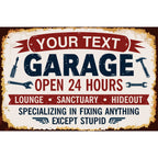 Personalized Garage Metal Sign – Custom Name Open 24 Hours Man Cave Wall Decor