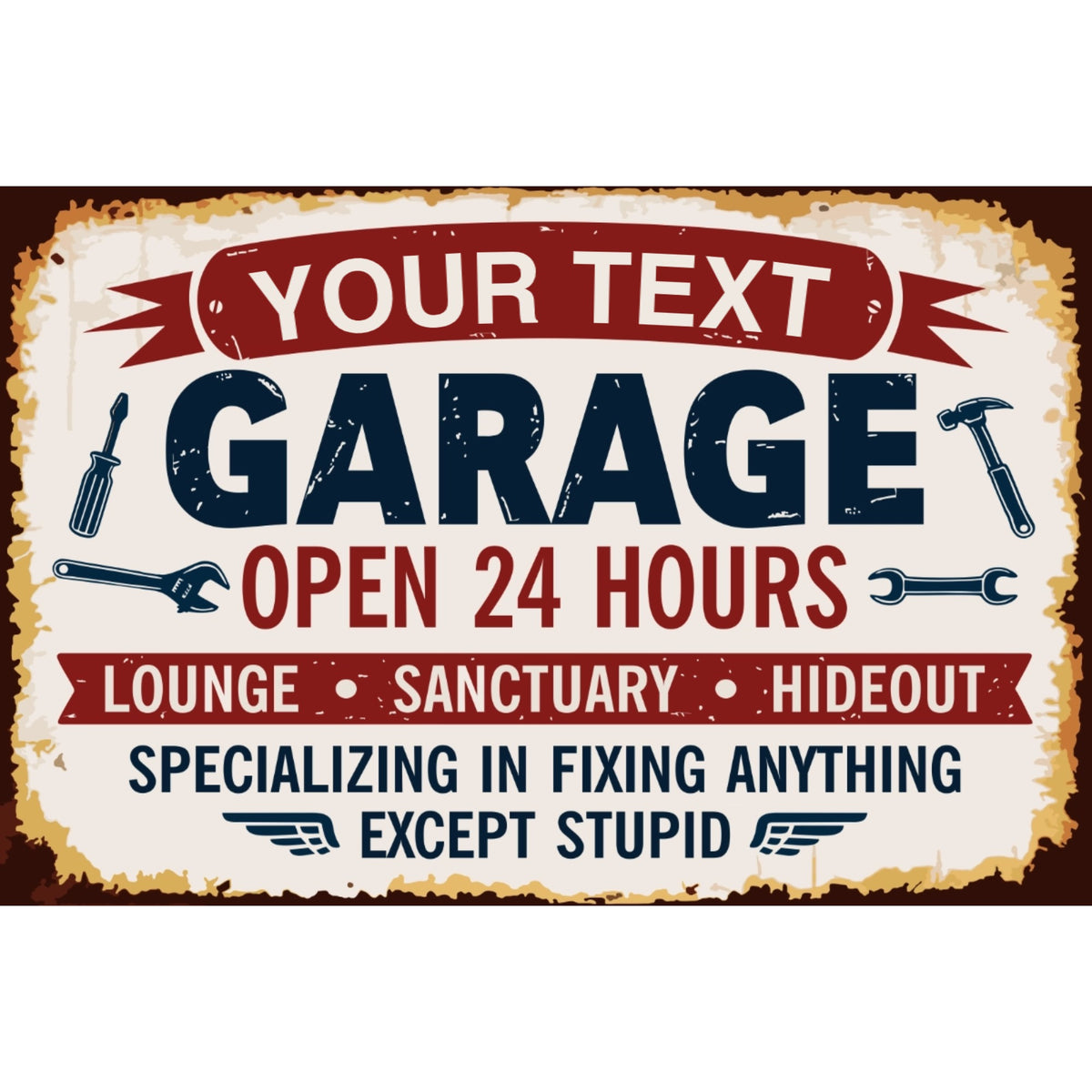 Personalized Garage Metal Sign – Custom Name Open 24 Hours Man Cave Wall Decor