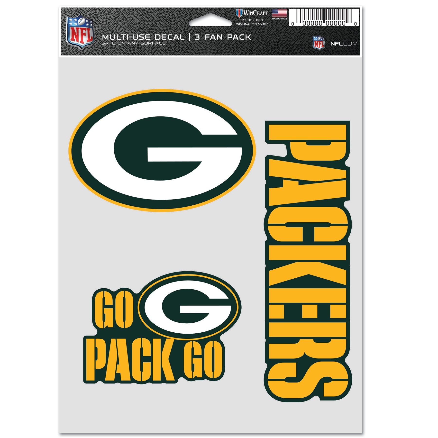 Green Bay Packers Decal Multi Used 3pcs Fan Pack
