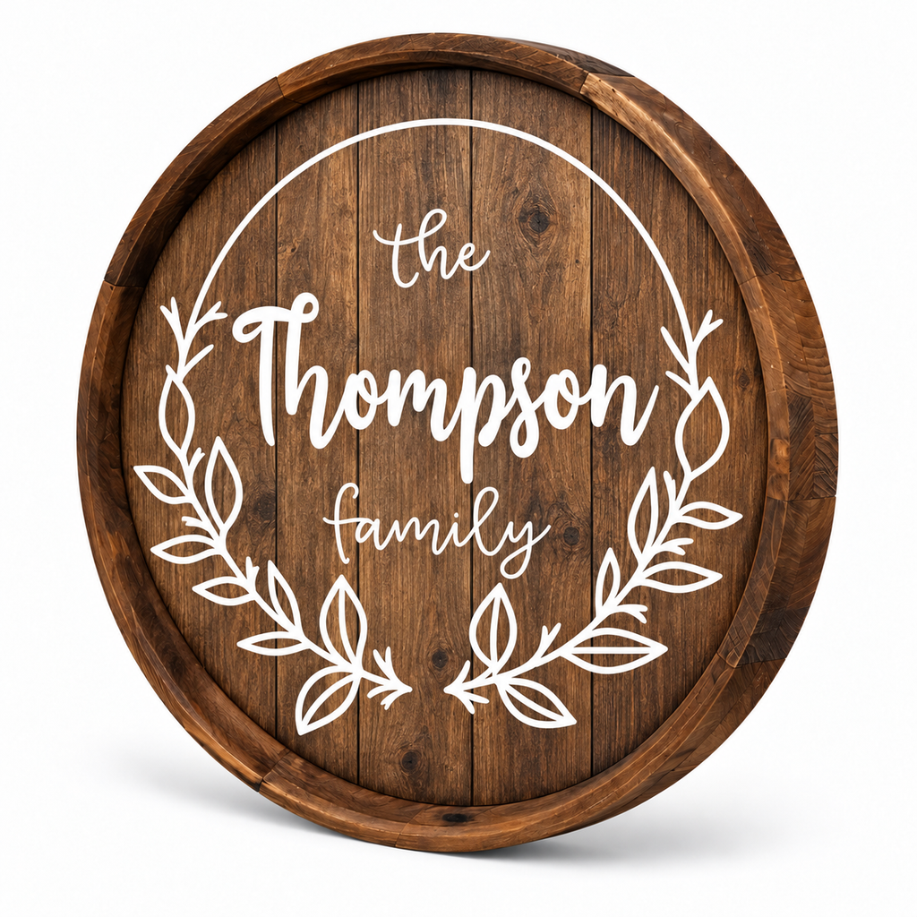 Personalized Family Name Barrel Sign – Botanical Wreath