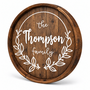 Personalized Family Name Barrel Sign – Botanical Wreath