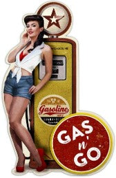Gas Pump Girl Design 2 Shaped Embossed Metal Signs