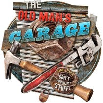 Old Man's Garage Shaped Embossed Metal Signs