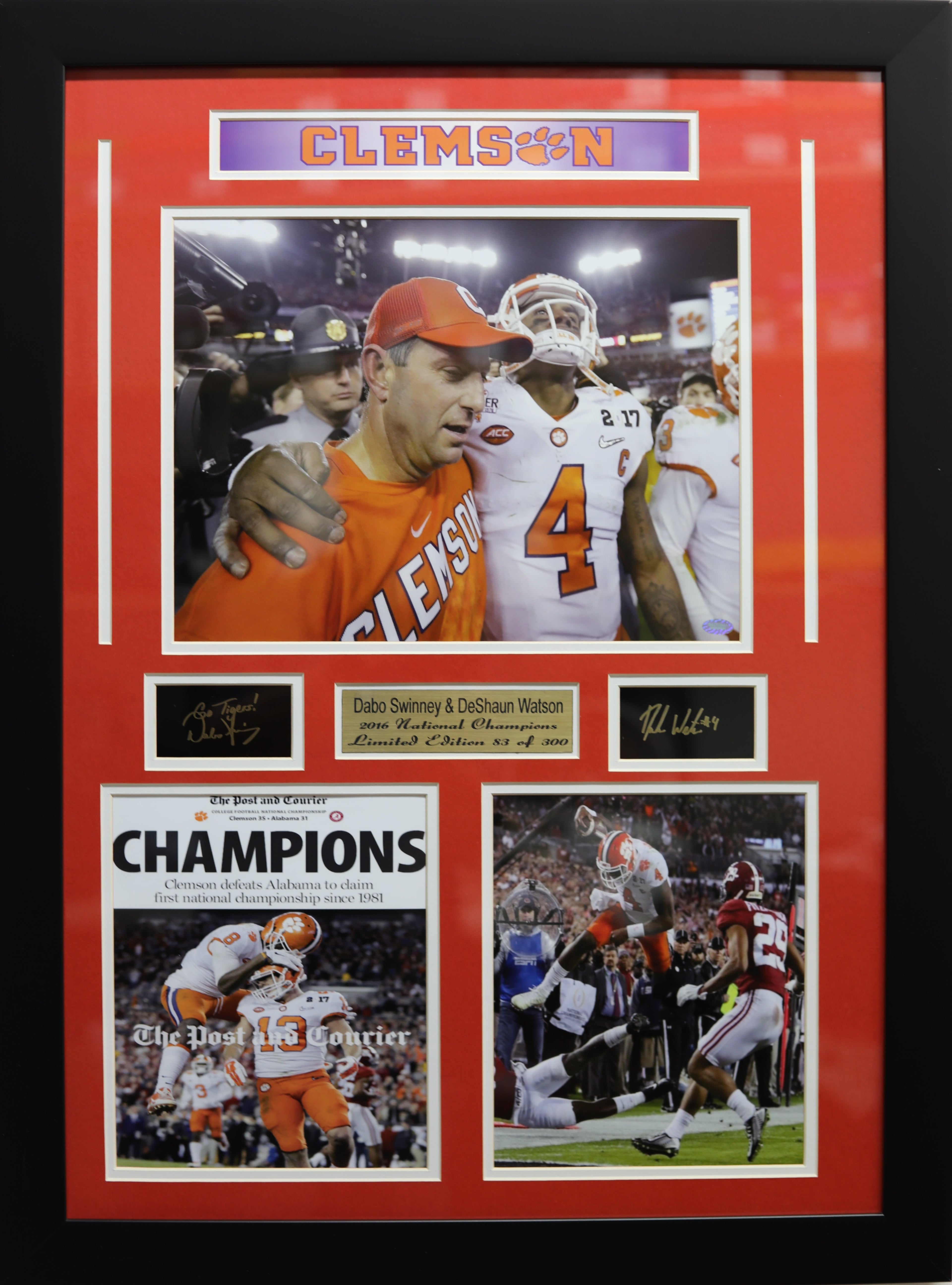 Clemson Tigers Dabo Swinney and Deshaun Watson 2016 National Champion Large Frames