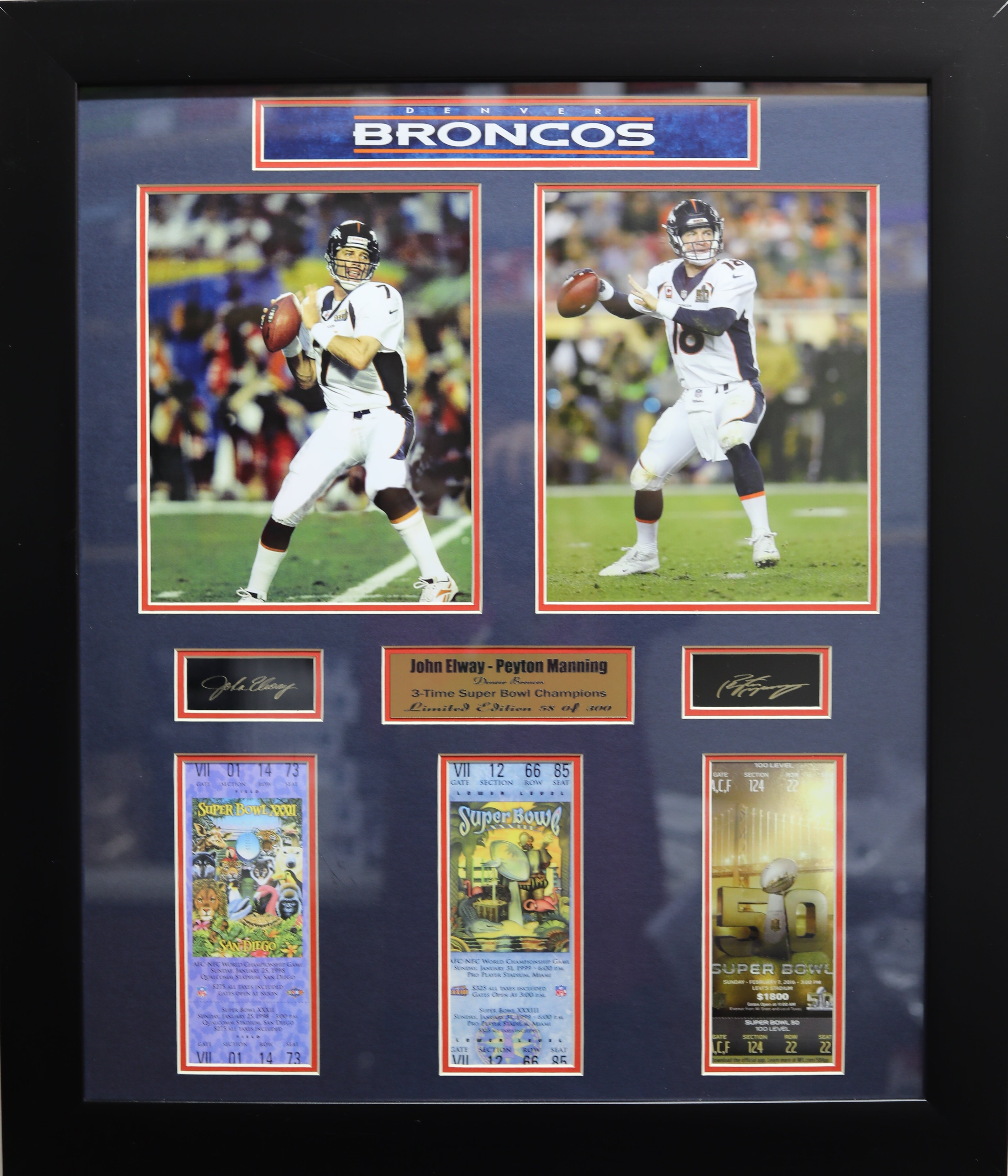 Denver Broncos John Elway and Peyton Manning 2 Photo Ticket Large Frames