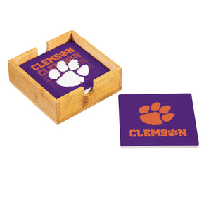 Clemson Tigers Ceramic Coasters Set, 4pcs with Wood Caddy
