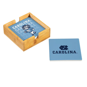 North Carolina Tar Heels Ceramic Coasters Set, 4pcs with Wood Caddy