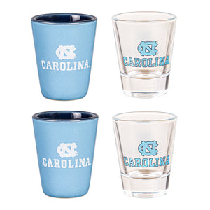 North Carolina Tar Heels 4 Piece Ceramic and Glass 2oz. Shot Glass Set