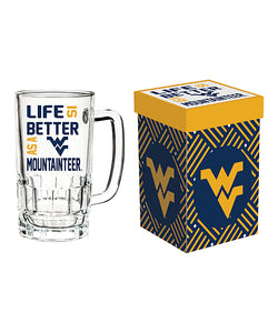 West Virginia Mountaineers Glass Tankard Cup with Gift Box