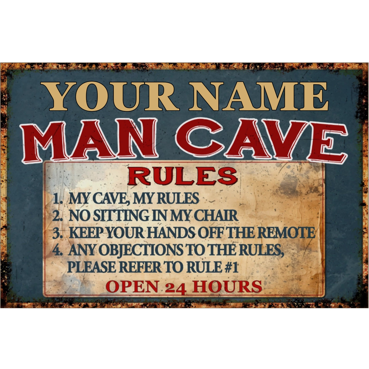 Personalized Man Cave Rules Vintage Wall Sign – Custom Name Man Cave Decor
