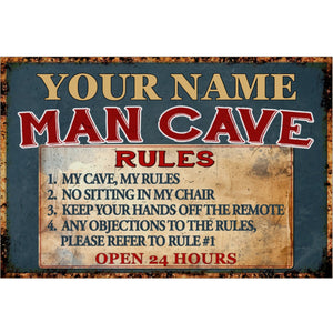 Personalized Man Cave Rules Vintage Wall Sign – Custom Name Man Cave Decor