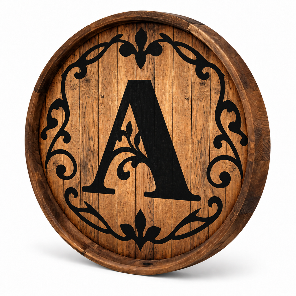 Personalized Monogram Barrel Sign – Ornate Scrollwork