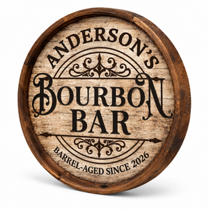 Personalized Bourbon Bar Barrel Sign – Vintage Scrollwork