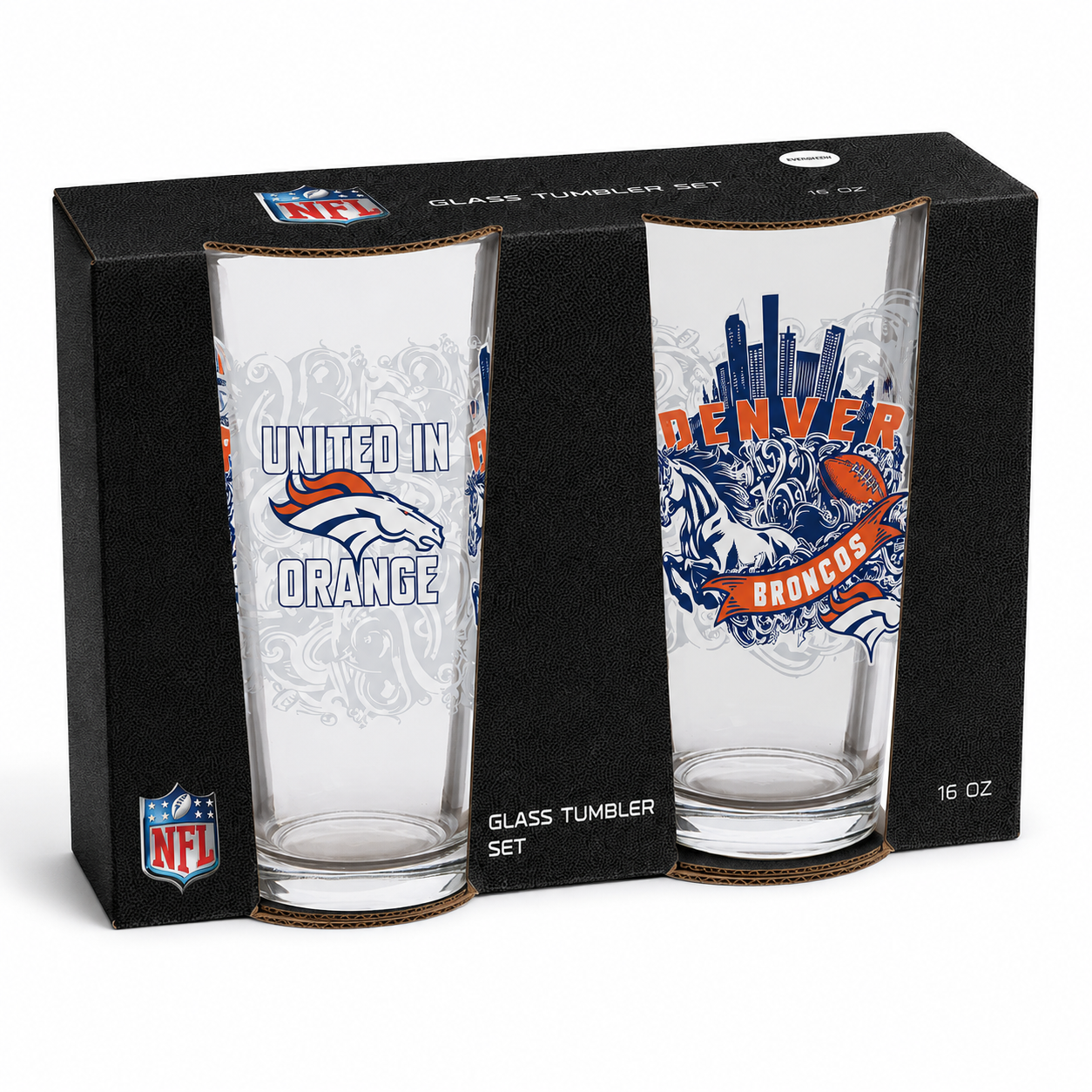 Denver Broncos Pint Glass Set - 16oz Beer Glasses Set of 2 With Gift Box