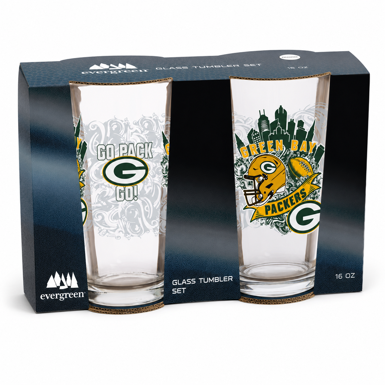 Green Bay Packers Pint Glass Set - 16oz Beer Glasses Set of 2 With Gift Box