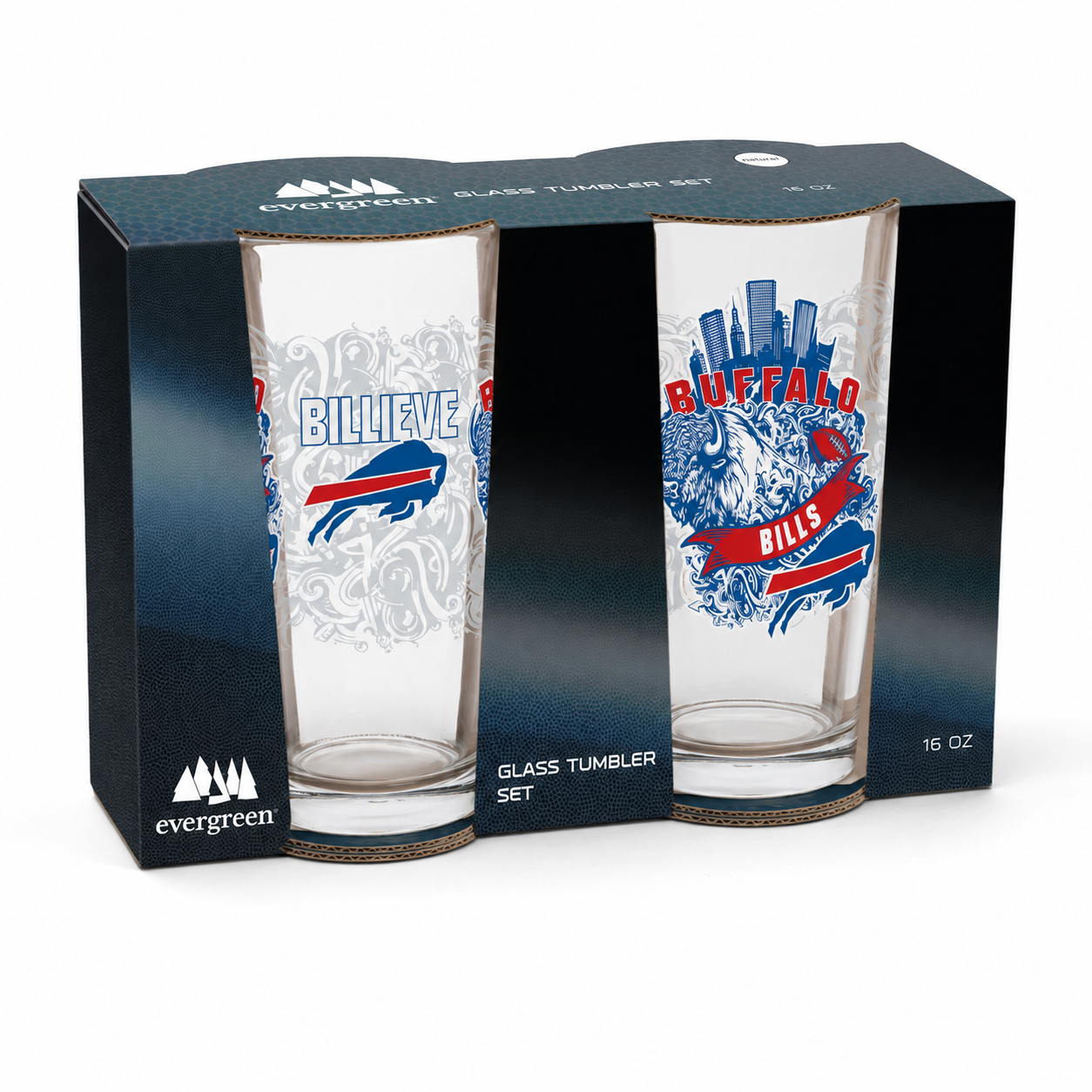 Buffalo Bills Pint Glass Set - 16oz Beer Glasses Set of 2 With Gift Box