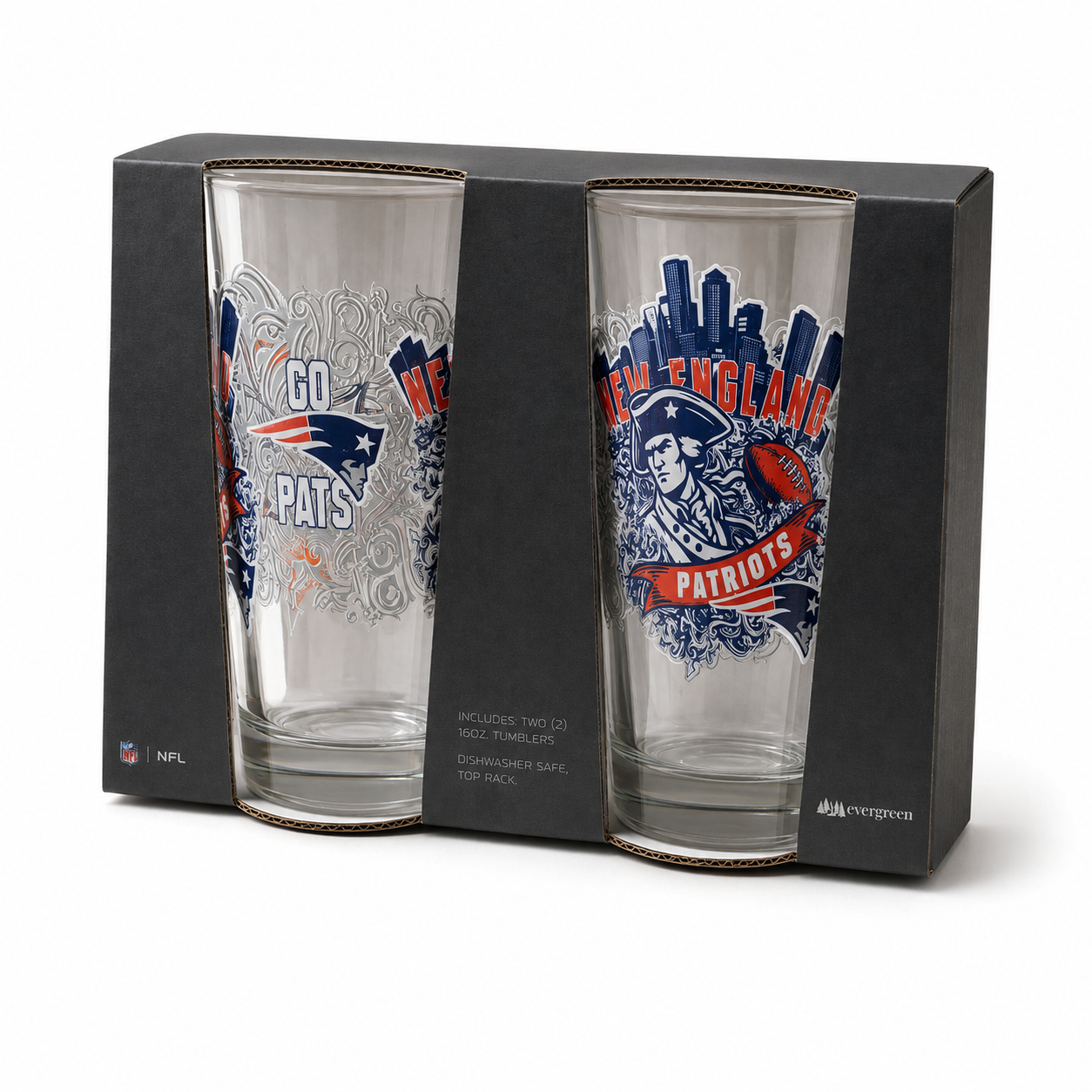 New England Patriots Pint Glass Set - 16oz Beer Glasses Set of 2 With Gift Box