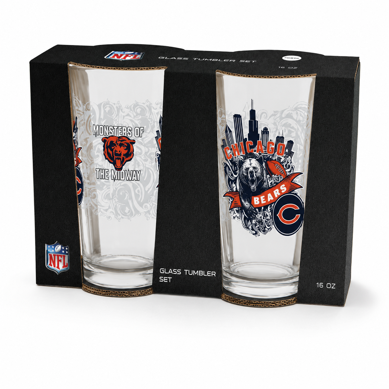Chicago Bears Pint Glass Set - 16oz Beer Glasses Set of 2 With Gift Box
