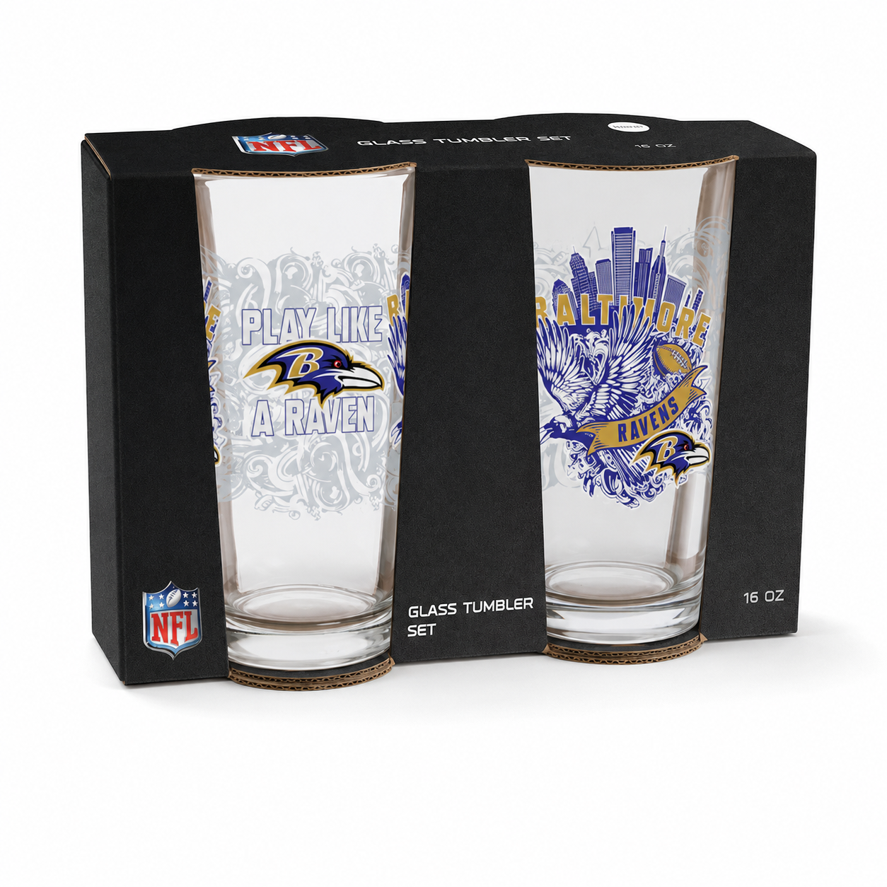 Baltimore Ravens Pint Glass Set 16oz Beer Glasses Set of 2 With Gift Box