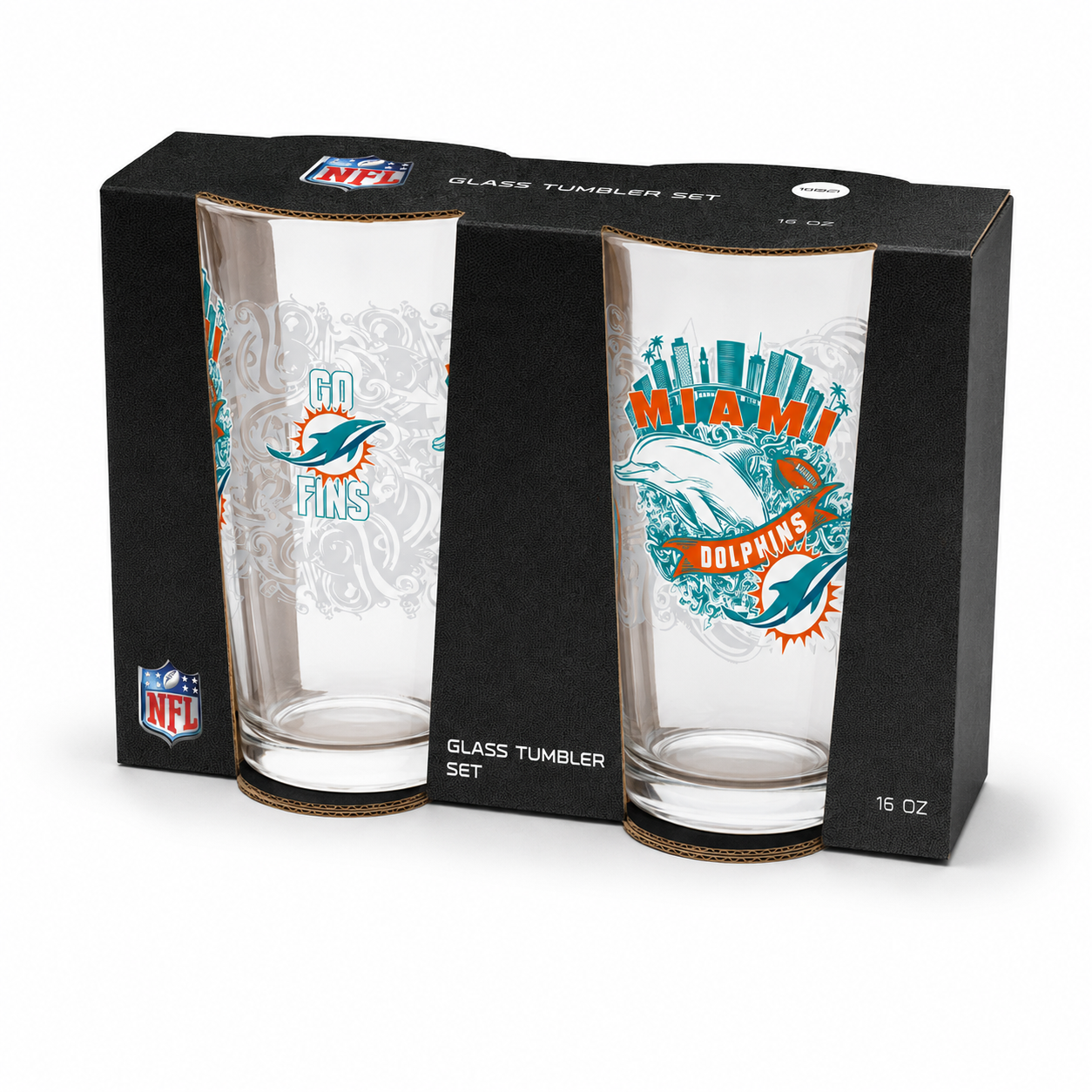 Miami Dolphins Pint Glass Set - 16oz Beer Glasses Set of 2 With Gift Box