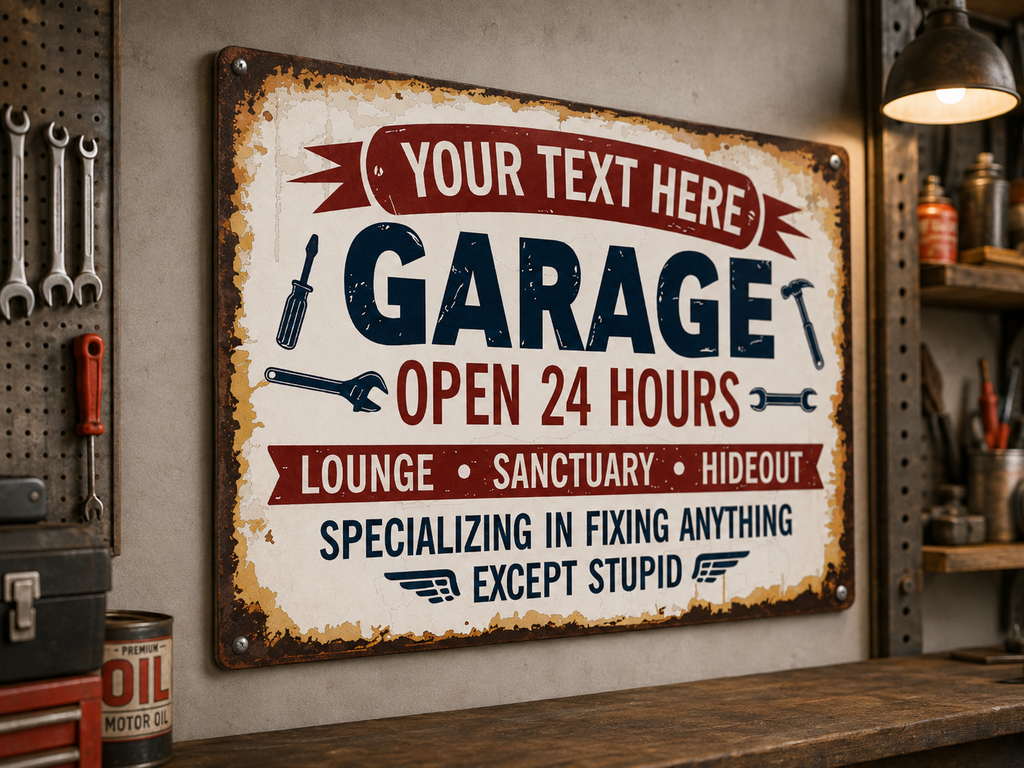 Personalized Garage Metal Sign – Custom Name Open 24 Hours Man Cave Wall Decor