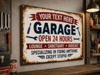 Personalized Garage Metal Sign – Custom Name Open 24 Hours Man Cave Wall Decor