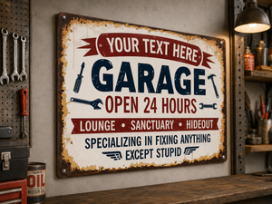Personalized Garage Metal Sign – Custom Name Open 24 Hours Man Cave Wall Decor