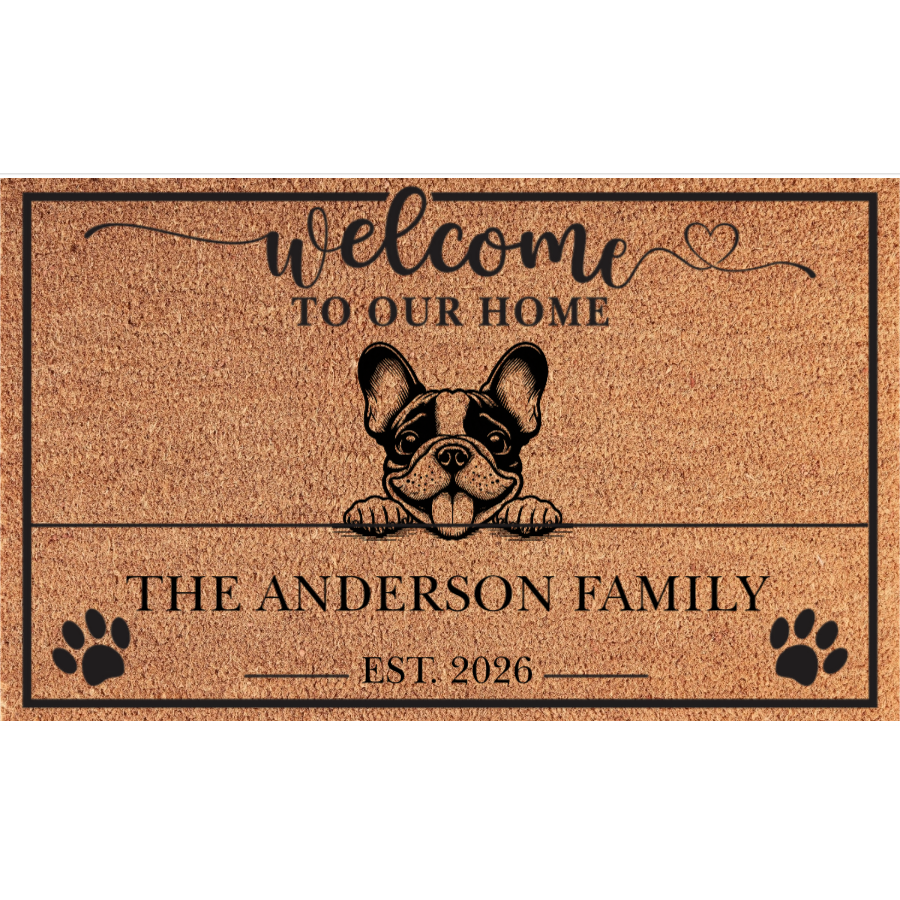Personalized 1 Dog Family Welcome Coir Mat – Custom Pet & Family Name Doormat