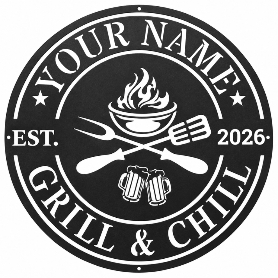 Personalized Grill & Chill Metal Sign – Custom Name & Year BBQ Decor