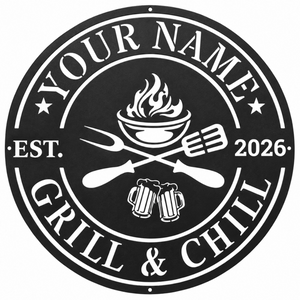 Personalized Grill & Chill Metal Sign – Custom Name & Year BBQ Decor