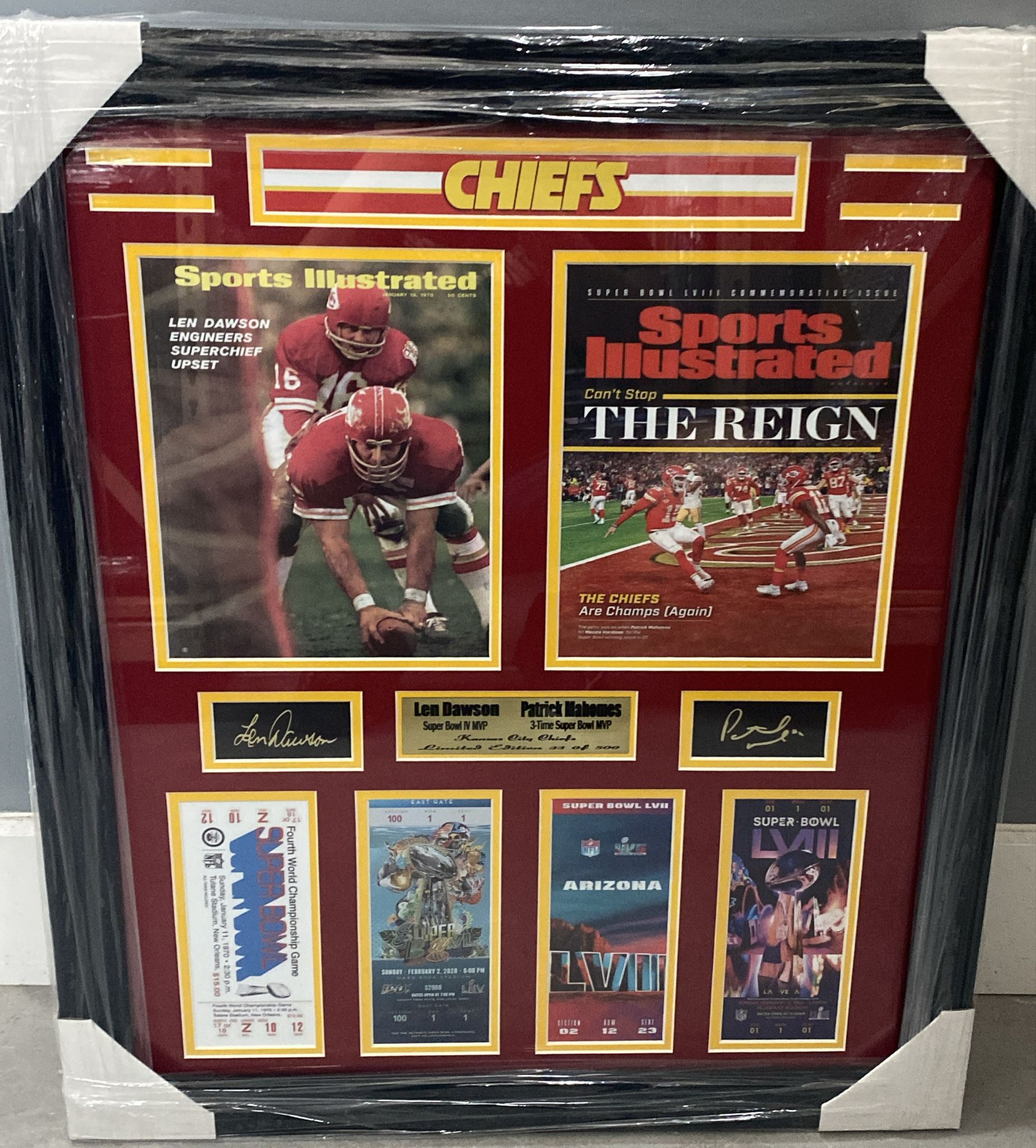 Kansas City Chiefs Patrick Mahomes and Len Dawson 4 Ticket Large Frames
