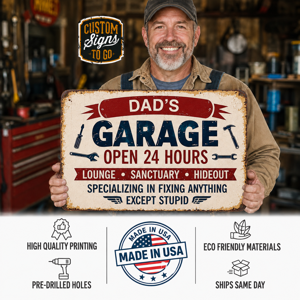 Personalized Garage Metal Sign – Custom Name Open 24 Hours Man Cave Wall Decor