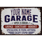 Personalized Garage Metal Sign – Custom Name “Open 24 Hours” Wall Decor