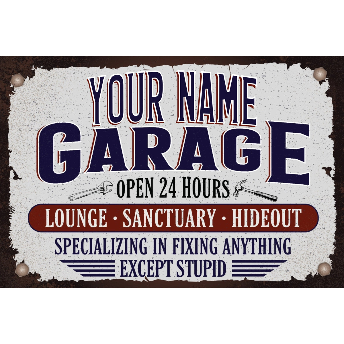 Personalized Garage Metal Sign – Custom Name “Open 24 Hours” Wall Decor