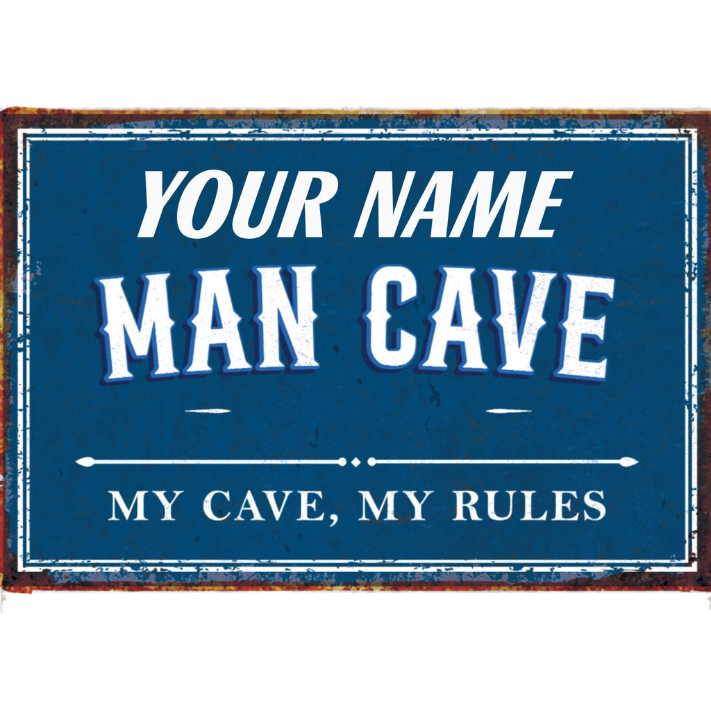 Personalized Man Cave Metal Sign – Custom Name “My Cave, My Rules” Wall Decor