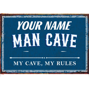 Personalized Man Cave Metal Sign – Custom Name “My Cave, My Rules” Wall Decor