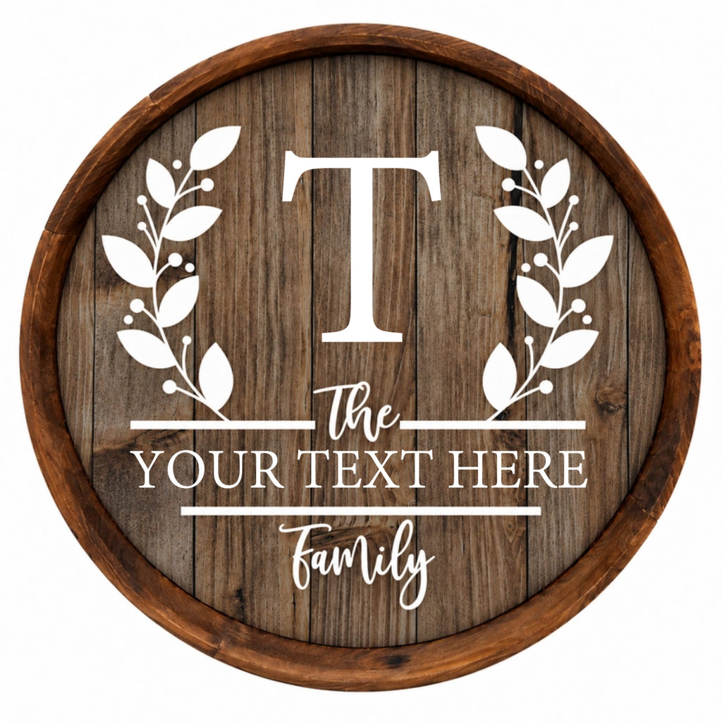 Personalized Family Monogram Barrel Sign – Botanical Wreath