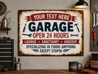 Personalized Garage Metal Sign – Custom Name Open 24 Hours Man Cave Wall Decor