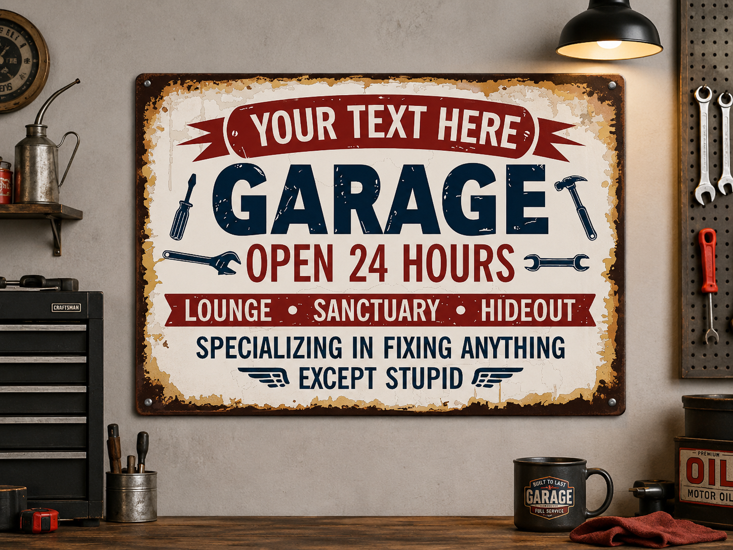 Personalized Garage Metal Sign – Custom Name Open 24 Hours Man Cave Wall Decor