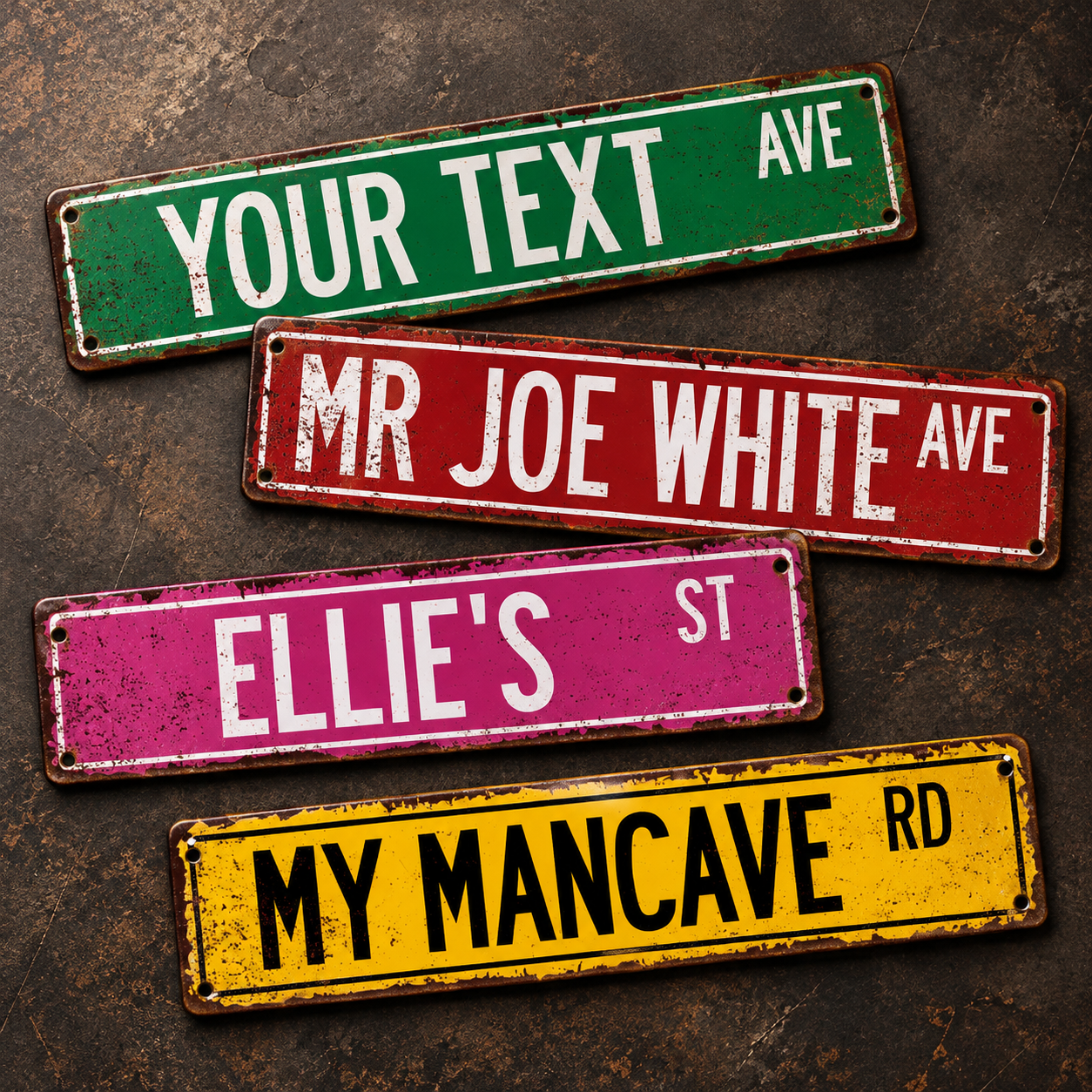 Green, red, pink and yellow personalized rustic street signs