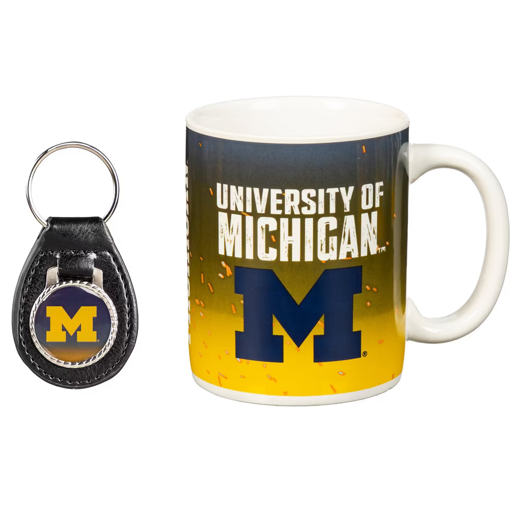 Michigan Wolverines Ceramic Mug & Leather Keychain Set