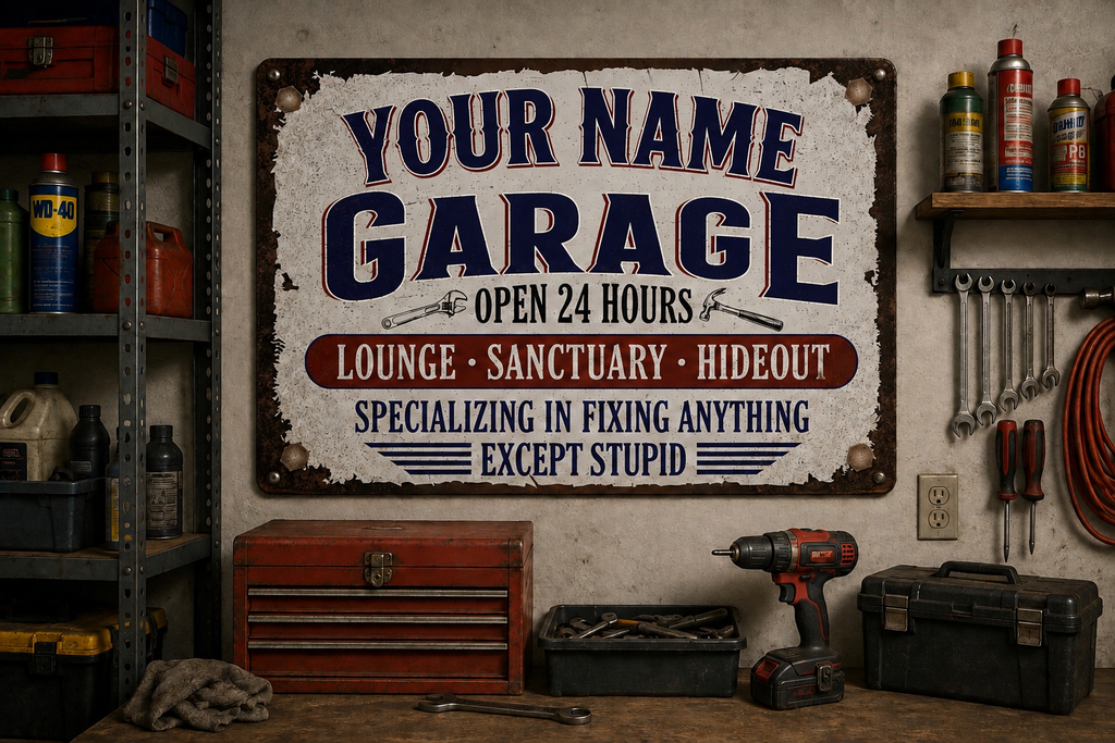 Personalized Garage Metal Sign – Custom Name “Open 24 Hours” Wall Decor