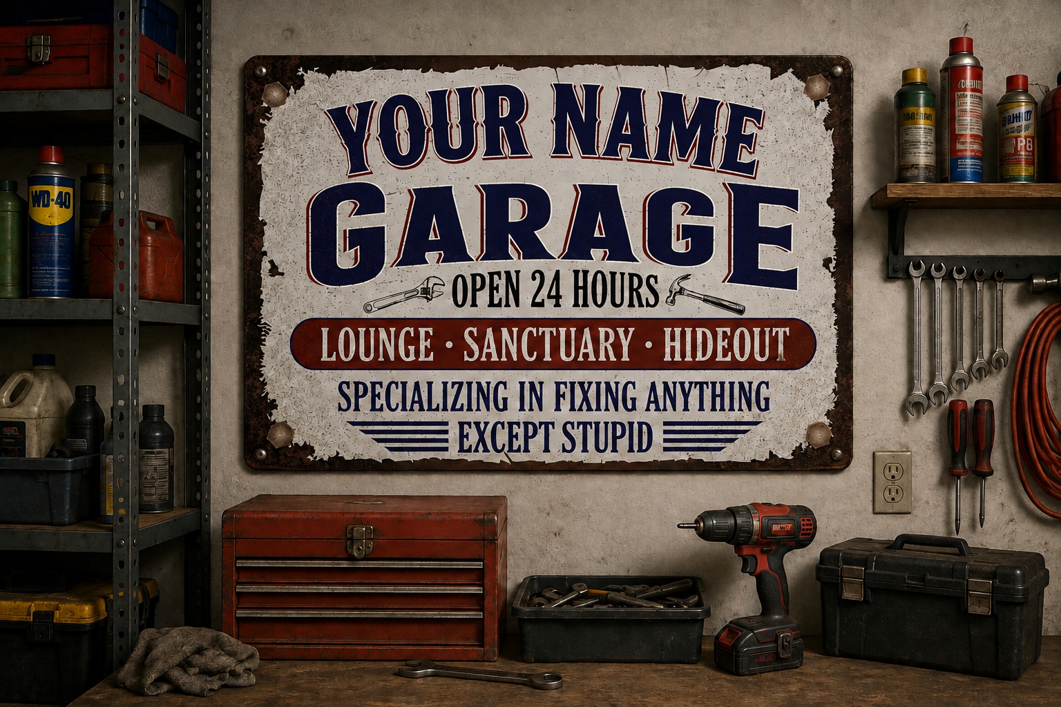 Personalized Garage Metal Sign – Custom Name “Open 24 Hours” Wall Decor