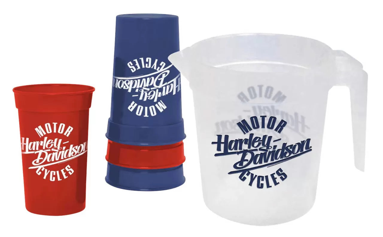Harley-Davidson Motorcycle Graphics Plastic Pitcher & Plastic Cups Drink Set