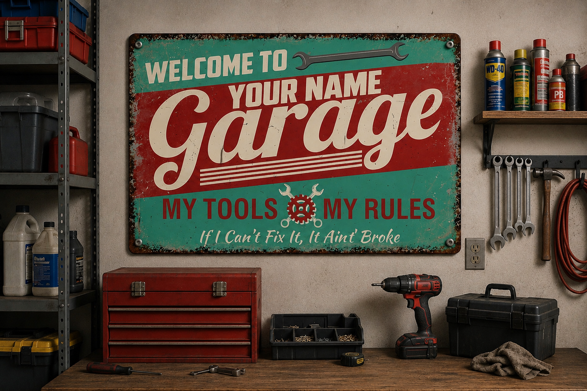 Personalized Garage Sign – Custom Name Vintage Mechanic Wall Decor