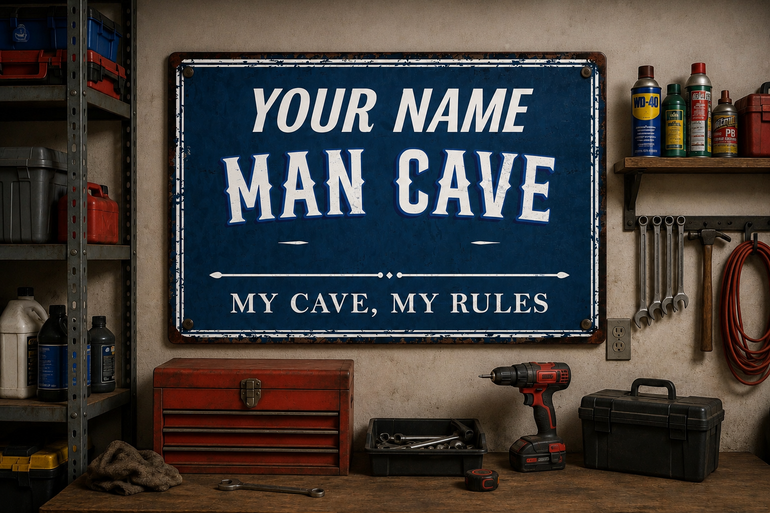 Personalized Man Cave Metal Sign – Custom Name “My Cave, My Rules” Wall Decor