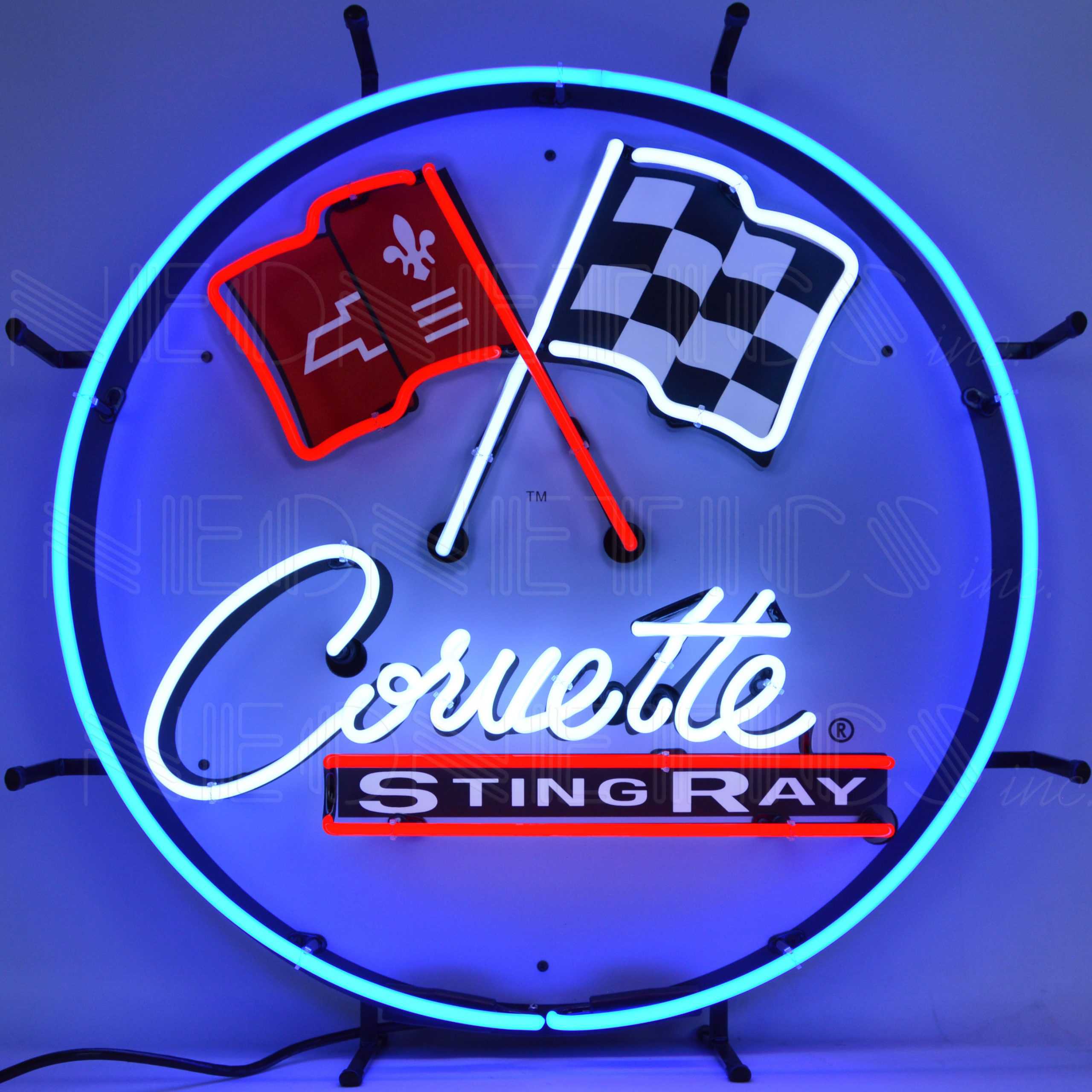 CORVETTE C2 STINGRAY ROUND NEON SIGN WITH BACKING
