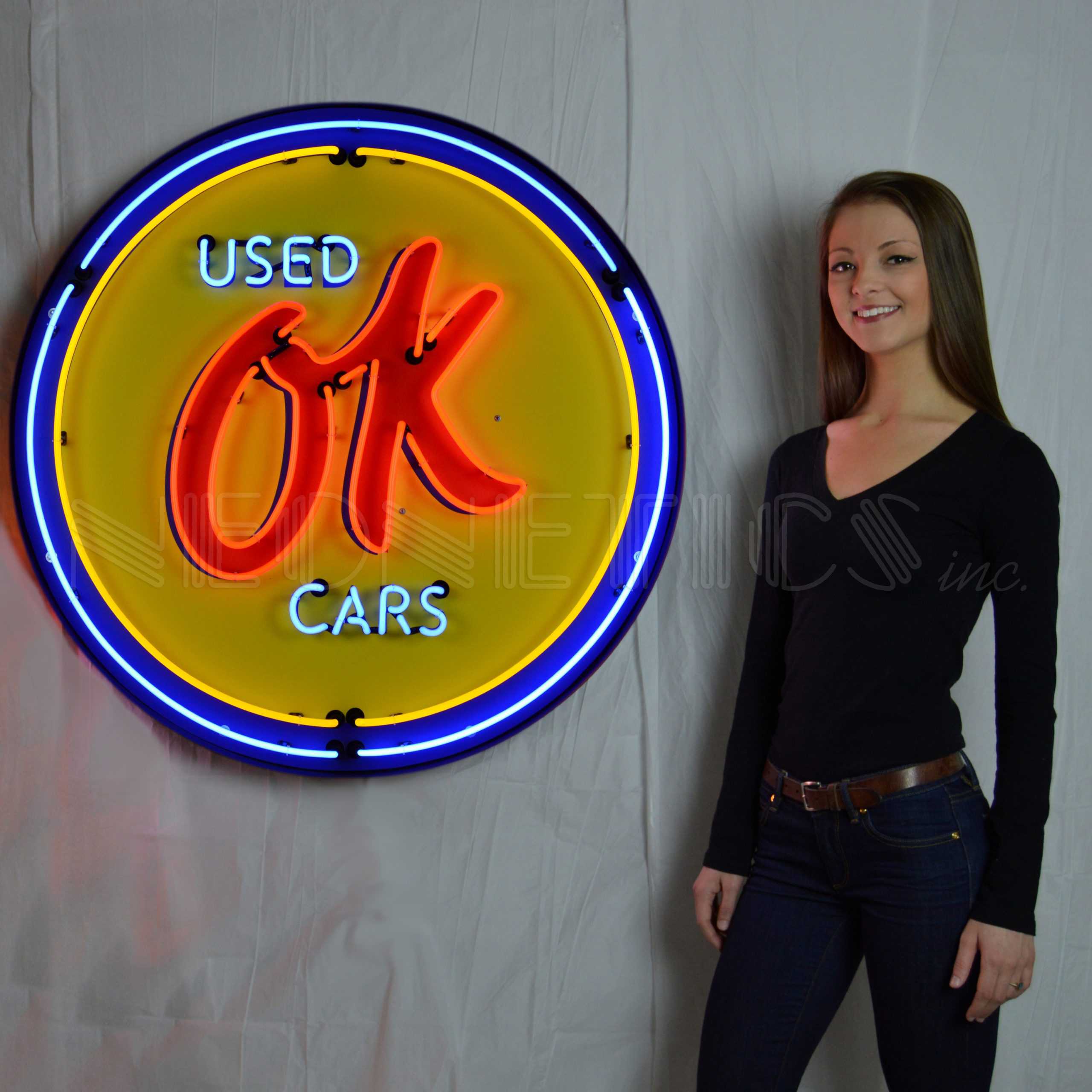 GM OK USED CARS 36 INCH NEON SIGN IN METAL CAN