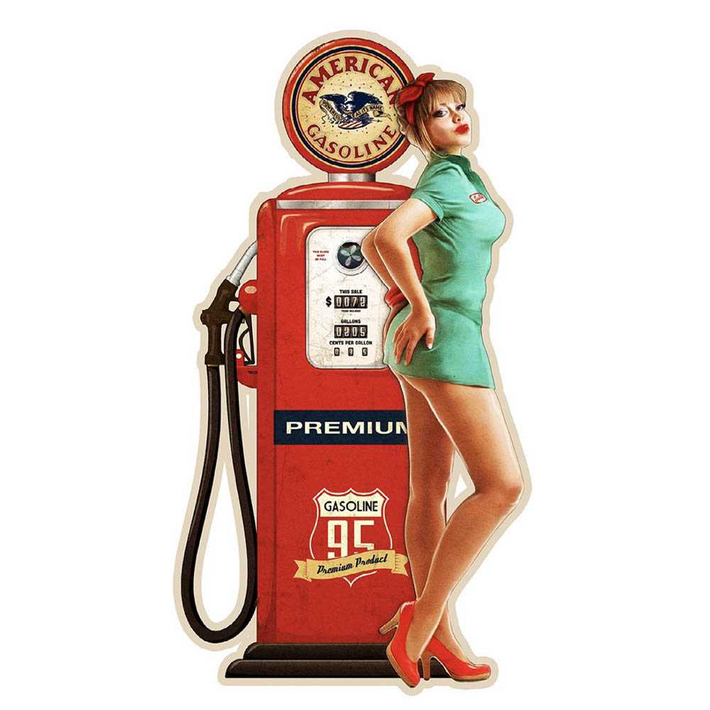 Vintage Gas Pump Pinup Girl Shaped Embossed Metal Sign