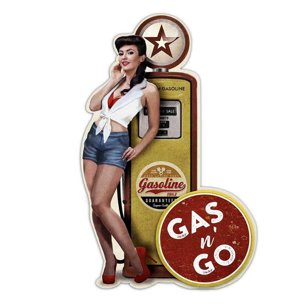 Vintage Gas Pump Pinup Girl 2 Shaped Embossed Metal Sign